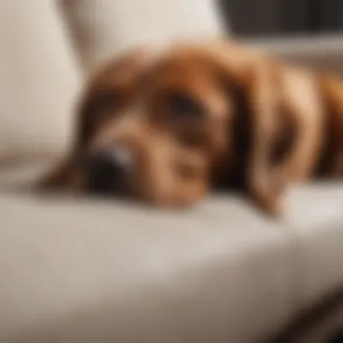 Close-up of sofa fabric being licked by a dog