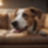 Dog licking a sofa with curiosity