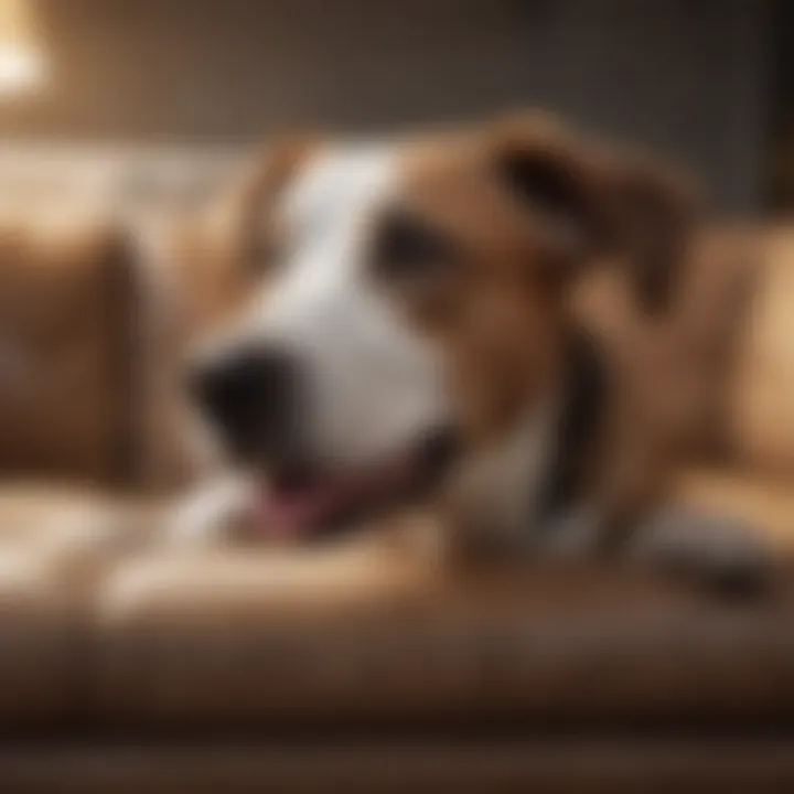 Dog licking a sofa with curiosity