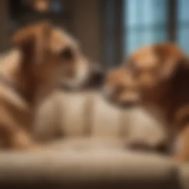 Pet owner observing dog licking sofa