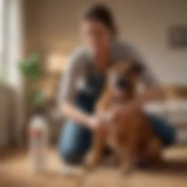 A dog owner applying a soothing lotion on their pet, illustrating home care strategies.