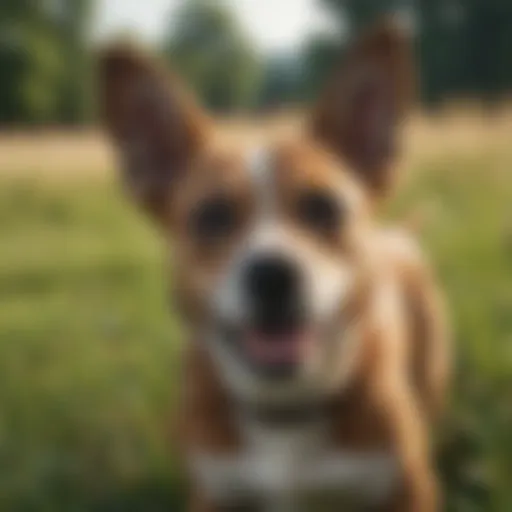 A dog shaking its ears in a grassy field