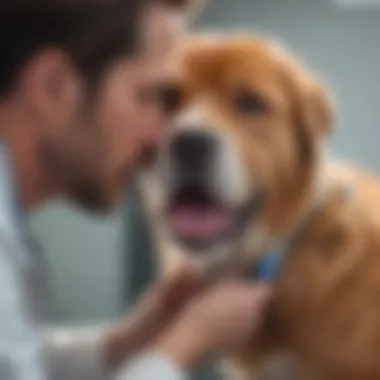 Veterinarian examining a gagging dog