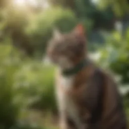 A cat wearing a collar in a lush green yard, exploring safely.