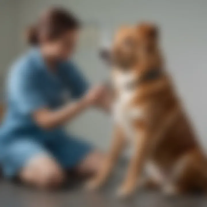 Veterinarian examining a dog with knee support, emphasizing professional care