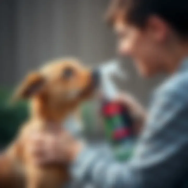 Pet owner applying flea spray to a dog