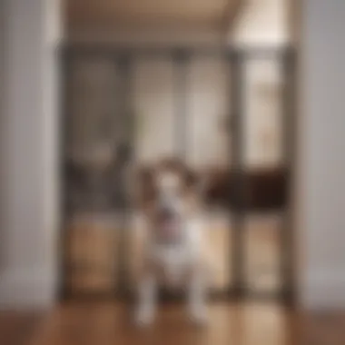 Metal dog gate with safety features installed in a household