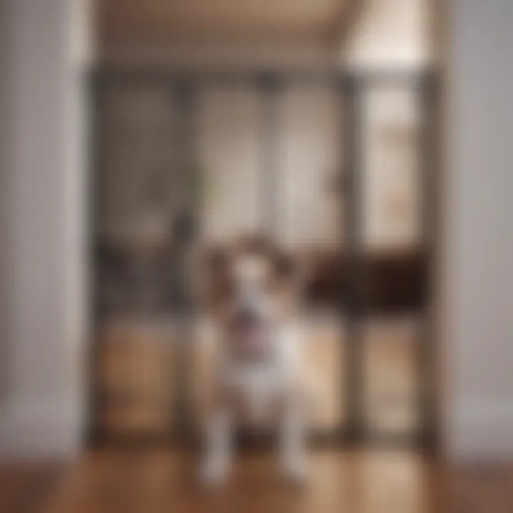 Metal dog gate with safety features installed in a household