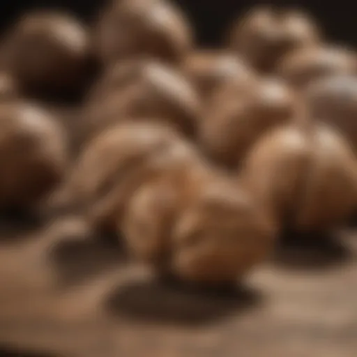 A close-up of walnuts on a wooden surface, showcasing their texture and color.