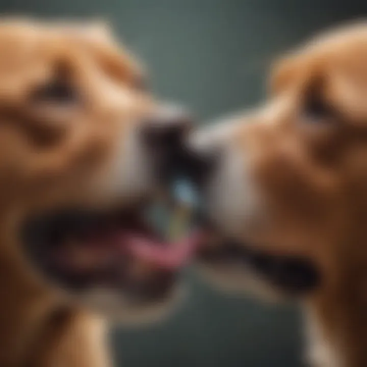 A dog receiving dental care from its owner with toothpaste