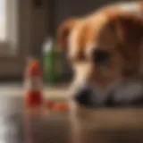 A curious dog eyeing a ketchup bottle