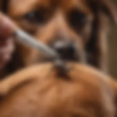 Dog owner using tweezers to carefully remove a tick from a dog