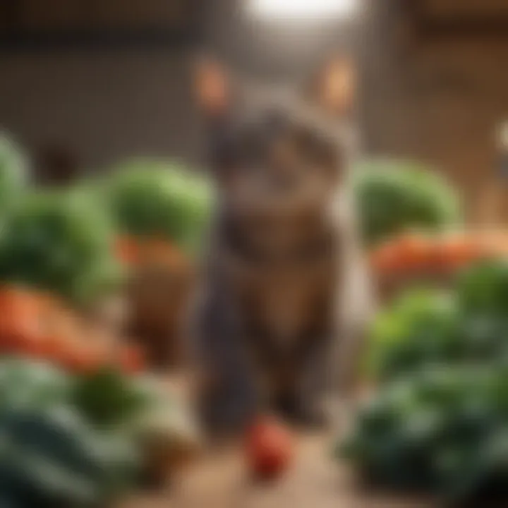 A cat curiously inspecting fresh vegetables