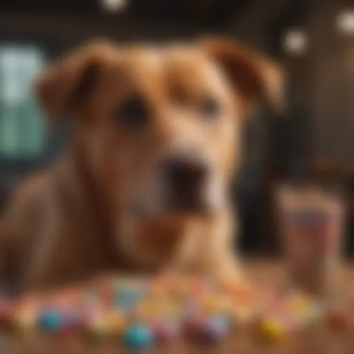 A dog looking curiously at a candy bowl