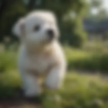 White teddy bear puppy playing in a grassy yard