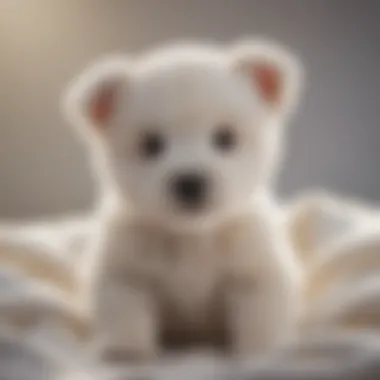 Adorable white teddy bear puppy sitting on a soft blanket