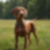 A Wirehaired Vizsla in a lush field showcasing its distinctive coat and stature.