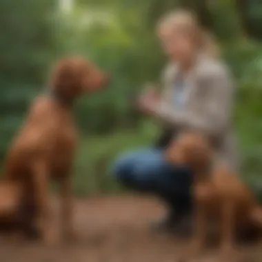 A Wirehaired Vizsla alongside its owner, demonstrating the bond between them in an outdoor setting.