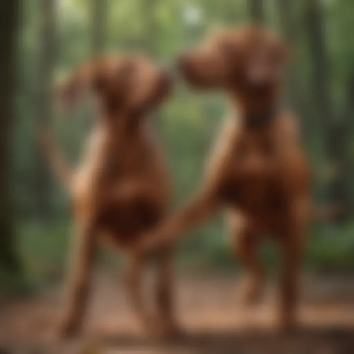 Wirehaired Vizsla engaged in a playful activity, illustrating its energetic and friendly nature.