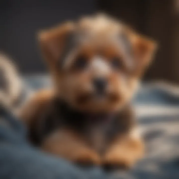 Adorable Yorkie Mini Poodle mix sitting on a cozy blanket