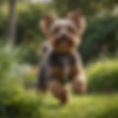 Playful Yorkie Mini Poodle mix frolicking in a garden