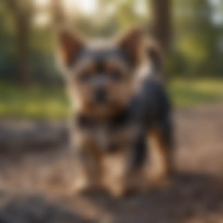 Yorkshire Terrier puppy exploring a local park