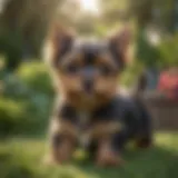 Playful Yorkie puppy in a sunny garden