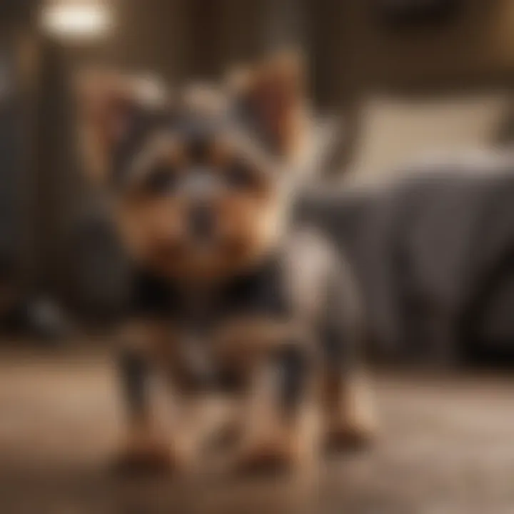 Yorkie puppy receiving training at home